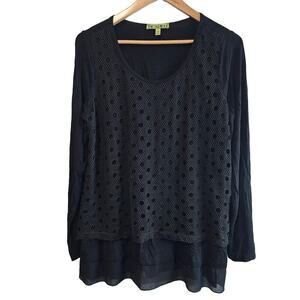Picadilly Blouse Womens Size Large Black Layed Eyelet Flowing Long Sleeve